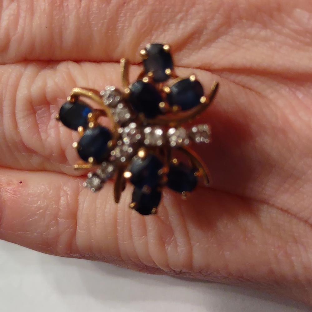Blue sapphire diamond ring 14 kt yellow gold Butterfly Clover Flower - Picture 8 of 12